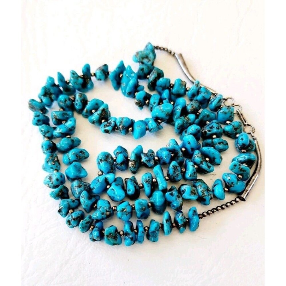 Vintage Navajo Sterling Silver Beads & Kingman Turquoise necklace 25"